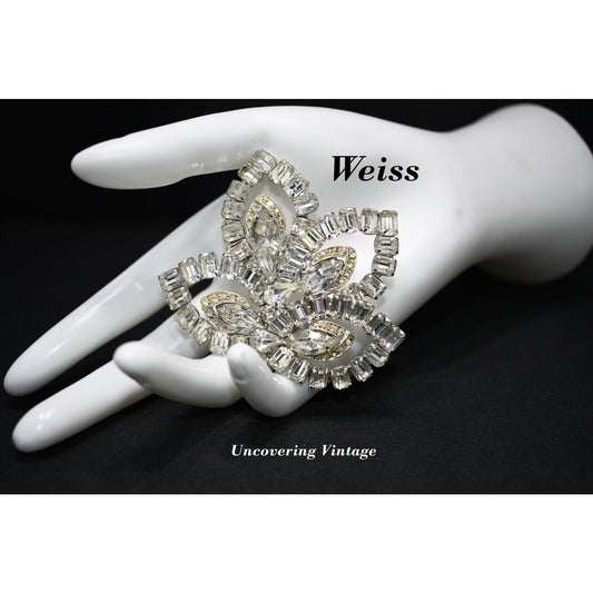 Weiss Signed Clear Rhinestone Floral Brooch Bridal Rhodium Vintage 1950s