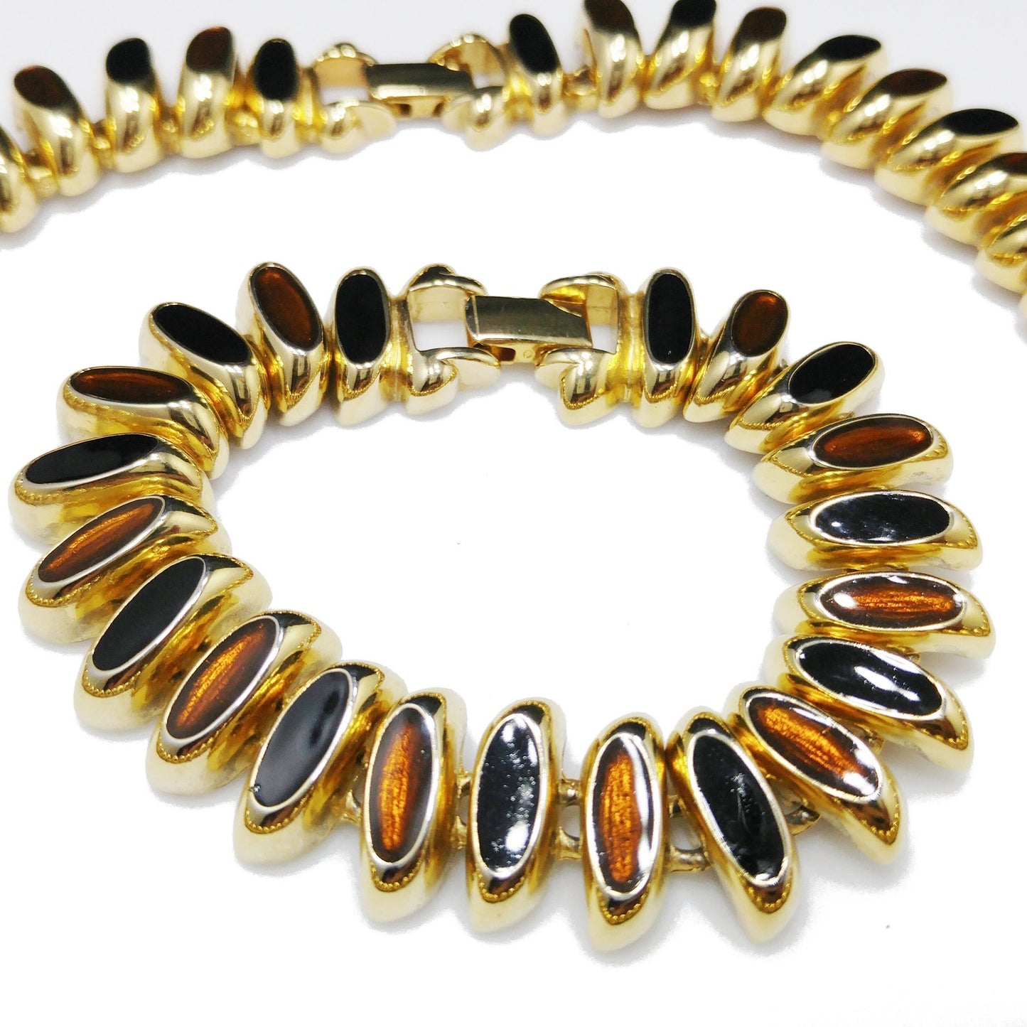 Erwin Pearl Enamel Necklace & Bracelet, Brown Black Enamel, Gold Plate, 1980s Vintage Jewelry