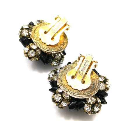 Carnegie Rhinestone Earrings, Black Glass Beads, 1950s Vintage Jewelry