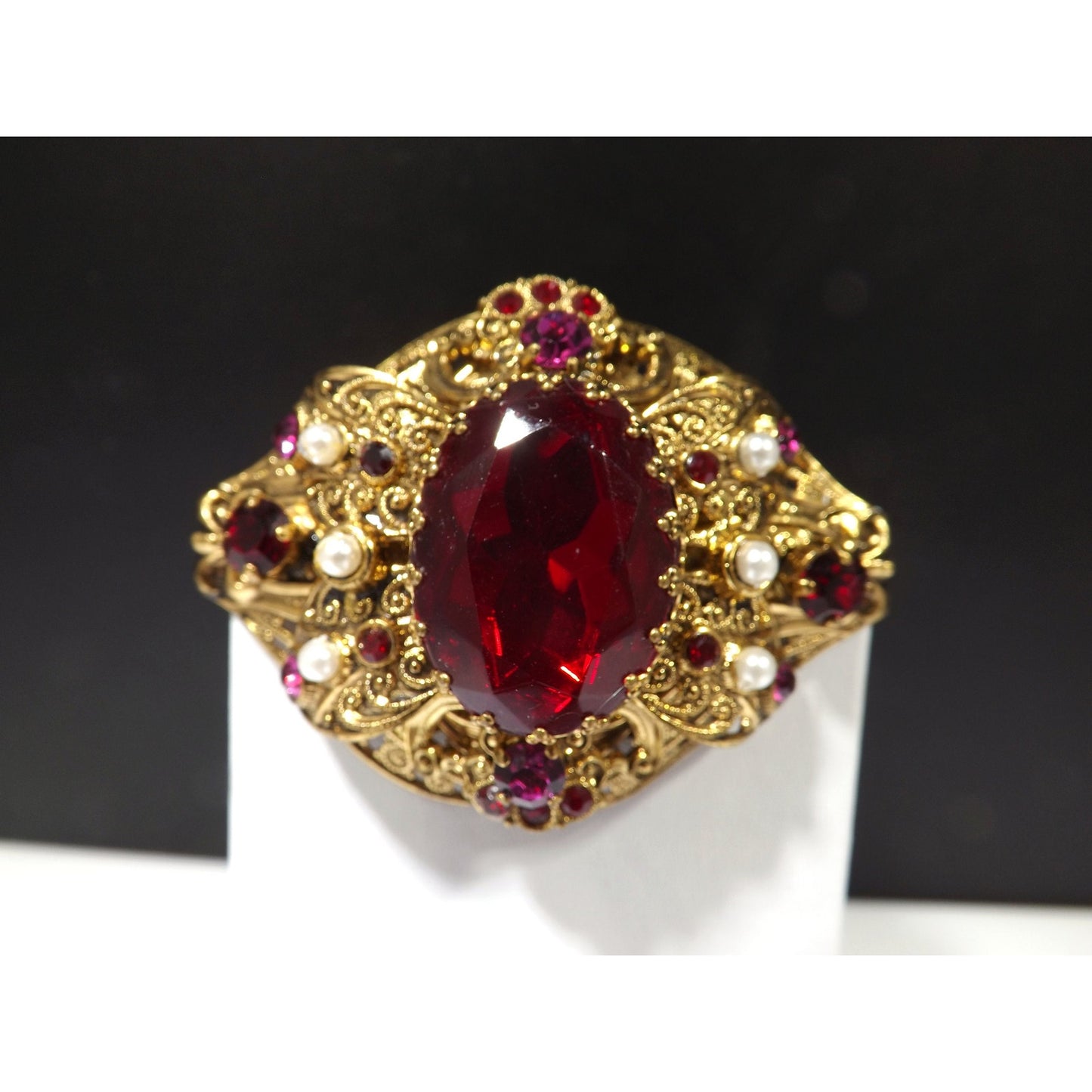 Made Germany Large Red Rhinestone Filigree Brooch, Faux Pearls, 1940s Vintage Jewelry