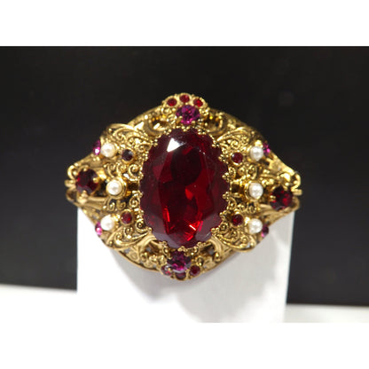 Made Germany Large Red Rhinestone Filigree Brooch, Faux Pearls, 1940s Vintage Jewelry