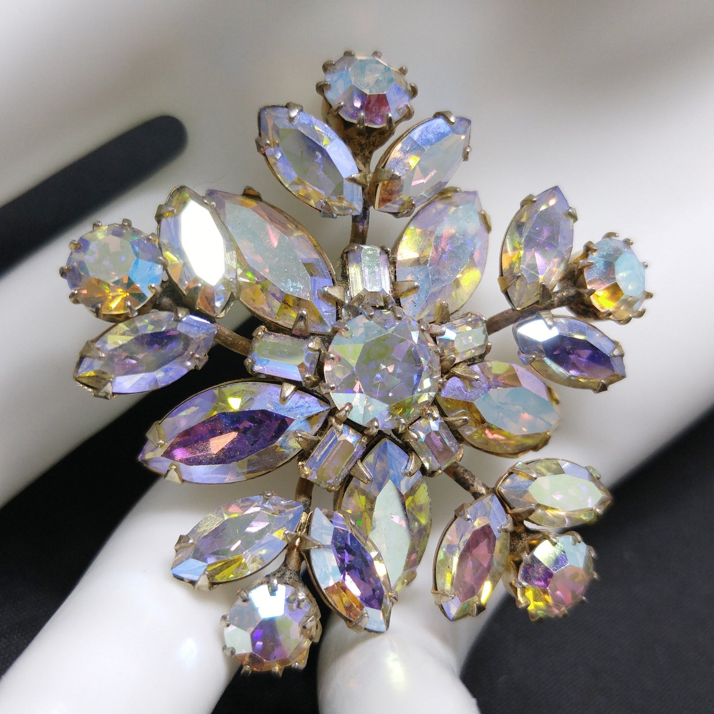 Vintage Sherman Snowflake Rhinestone Brooch, Aurora Borealis, 1960s
