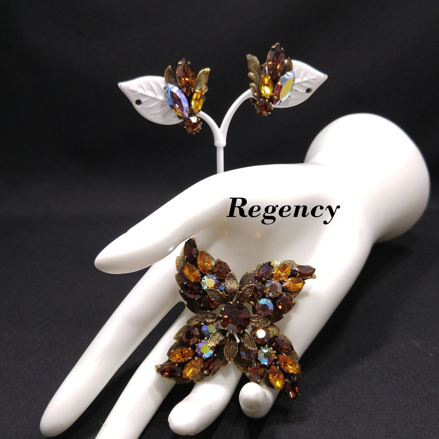 Regency Topaz Brooch Earrings Set, 1950s Vintage Jewelry