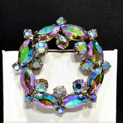 Blue Vitrail Rhinestone Wreath Brooch, 1960s Vintage Jewelry, Rhodium Plated