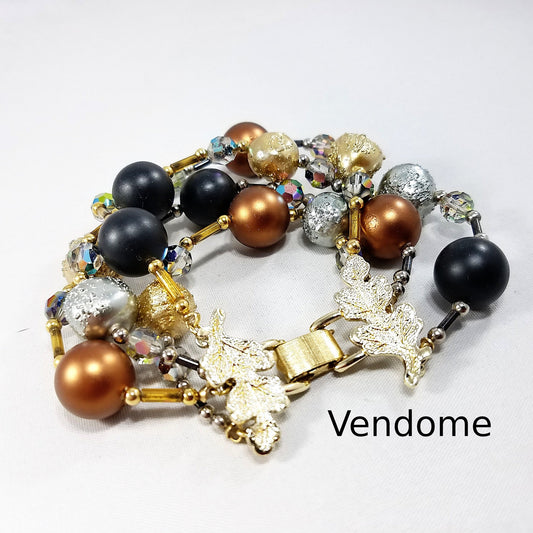Vintage Vendome 4-Strand Beaded Bracelet Crystals Satin Glass Gold Clasp 7.5"