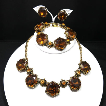 Vintage Topaz Glass Necklace Bracelet Earrings Set, Filigree Golden Brass, 1950s Vintage Jewelry