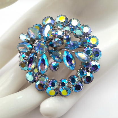 Vintage Sherman Blue Aurora Borealis Rhinestone Brooch