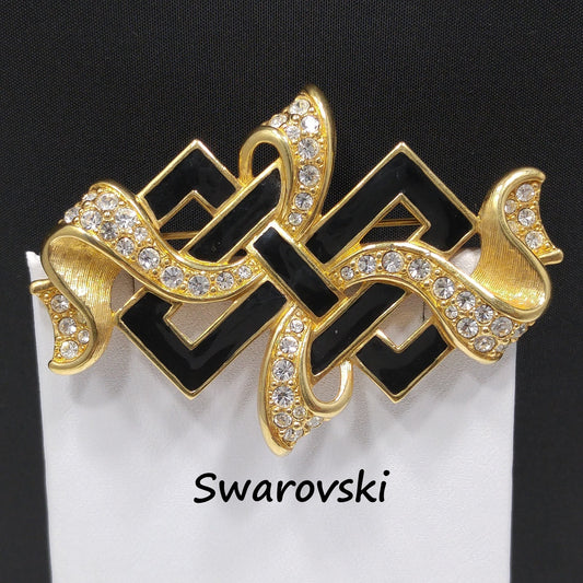 Vintage Swarovski Ribbon Brooch – Black Enamel & Clear Pavé Crystals, 1980s–1990s