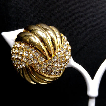 Ciner Clear Pave Rhinestone Round Clip Earrings, Gold Plated, 1980s Vintage Jewelry
