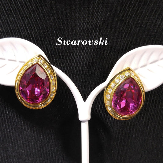 Vintage Swarovski Pink Teardrop Crystal Earrings 1990s Gold Swan Logo Signed