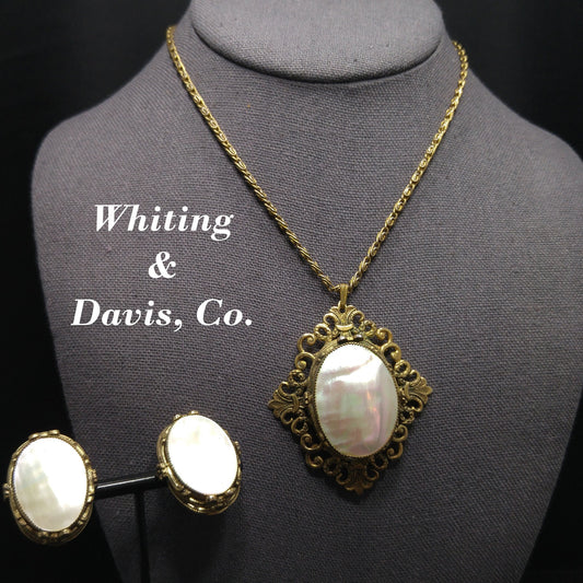 Whiting & Davis MOP Pendant Necklace Clip Earrings Set, 1950s Vintage Jewelry