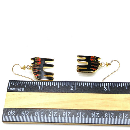 Vintage Laurel Burch "Tiger" Drop Earrings, Gold Plated, Black Red Enamel, 2005