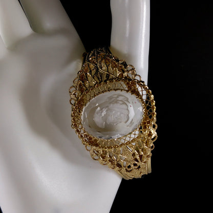 Whiting & Davis Cameo Intaglio Hinged Bracelet, Gold Plated, 1960s Vintage Jewelry