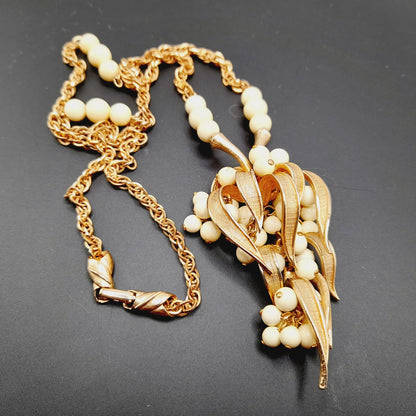 Vintage Articulated Fruit Pendant Gold Tone White Bead Necklace, 24 Inches
