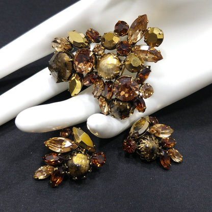Regency Topaz & Gold Rhinestones Brooch Earrings Set, Gold Faux Pearls, 1950s Vintage Jewelry