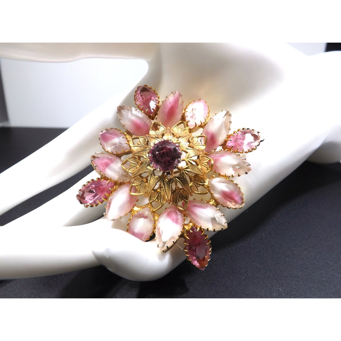 Vintage Pink Art Glass Rhinestone Floral Brooch Givre Navette Gold Filigree