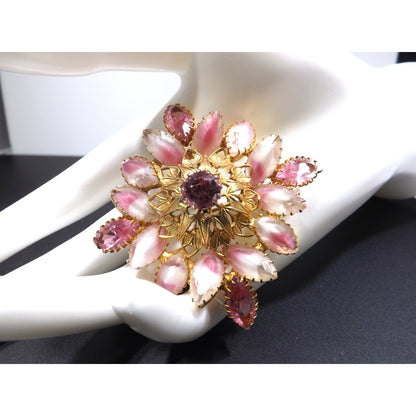 Vintage Pink Art Glass Rhinestone Floral Brooch Givre Navette Gold Filigree