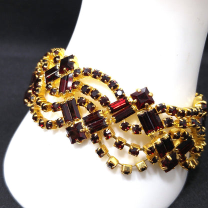 Czech Republic Garnet Red Rhinestone Necklace Bracelet Earrings, Gold Plated, 1990s Vintage Jewelry
