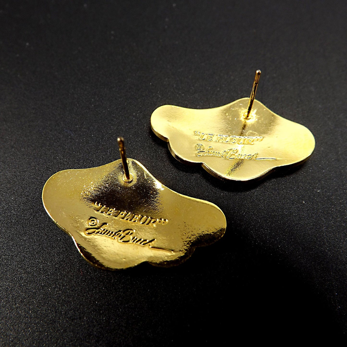 Laurel Burch "Le Fleur" Gold & White Post Earrings, Gold Plated, 1980s Vintage