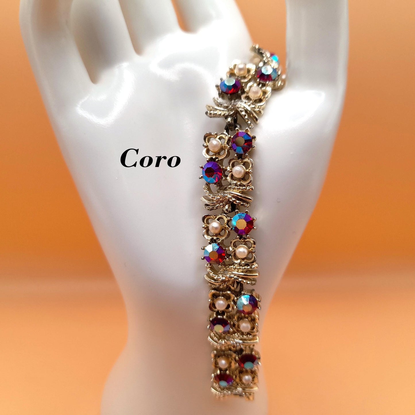 Vintage Coro Red Rhinestone Bracelet, Aurora Borealis, 1950s, 6 1/4 In