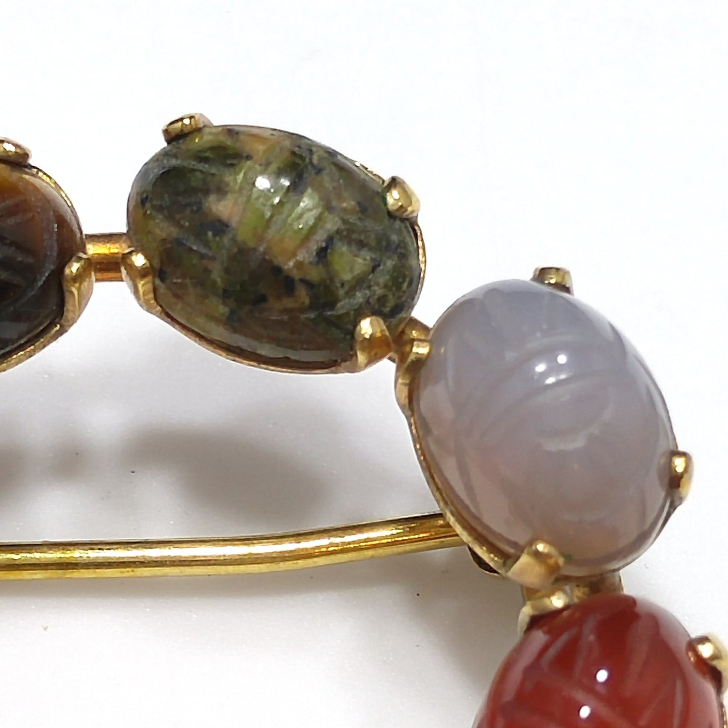 C. C. Gemstone Eight Scarab Brooch, 12K Gold Filled, Garnet Jadeite Quartz, 1950s Vintage Jewelry