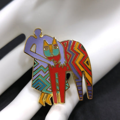Laurel Burch Vintage "Best Friends" Brooch, Gold Plated Cloisonne Enamel, 1980s Vintage Jewelry