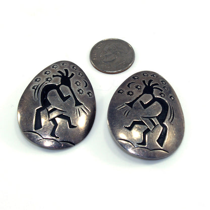 Navajo Clip Earrings, Sterling Silver Kokopelli, Della & Francis James, 1960s