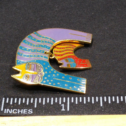 Laurel Burch "Mr. Jio's Cat" Brooch with Dangling Cat Charm, Gold Plated, Cloisonne Enamel, 1980s Vintage Jewelry
