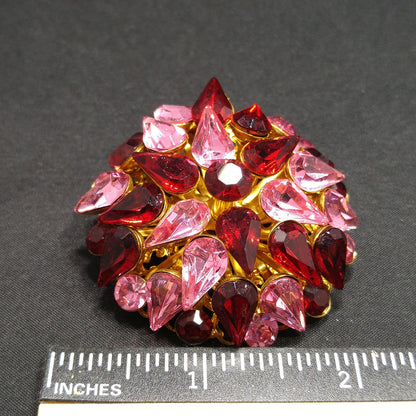 Red & Pink Domed Rhinestone Brooch, Gold Plated Filigree Backing, 1950s Vintage Jewelry
