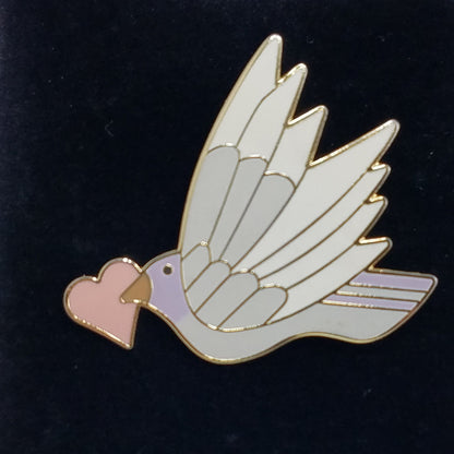 Vintage Laurel Burch "Celeste With Heart" Pendant Brooch, Grey White Enamel Bird