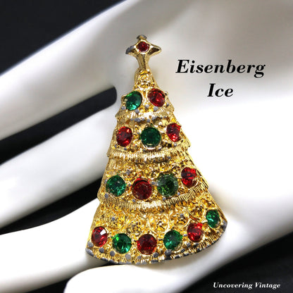 Eisenberg Ice Christmas Tree Brooch Red Green Rhinestones Gold Vintage