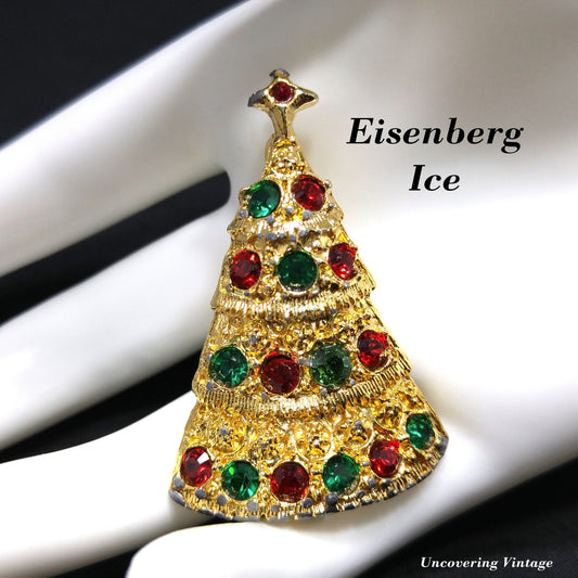 Eisenberg Ice Christmas Tree Brooch Red Green Rhinestones Gold Vintage
