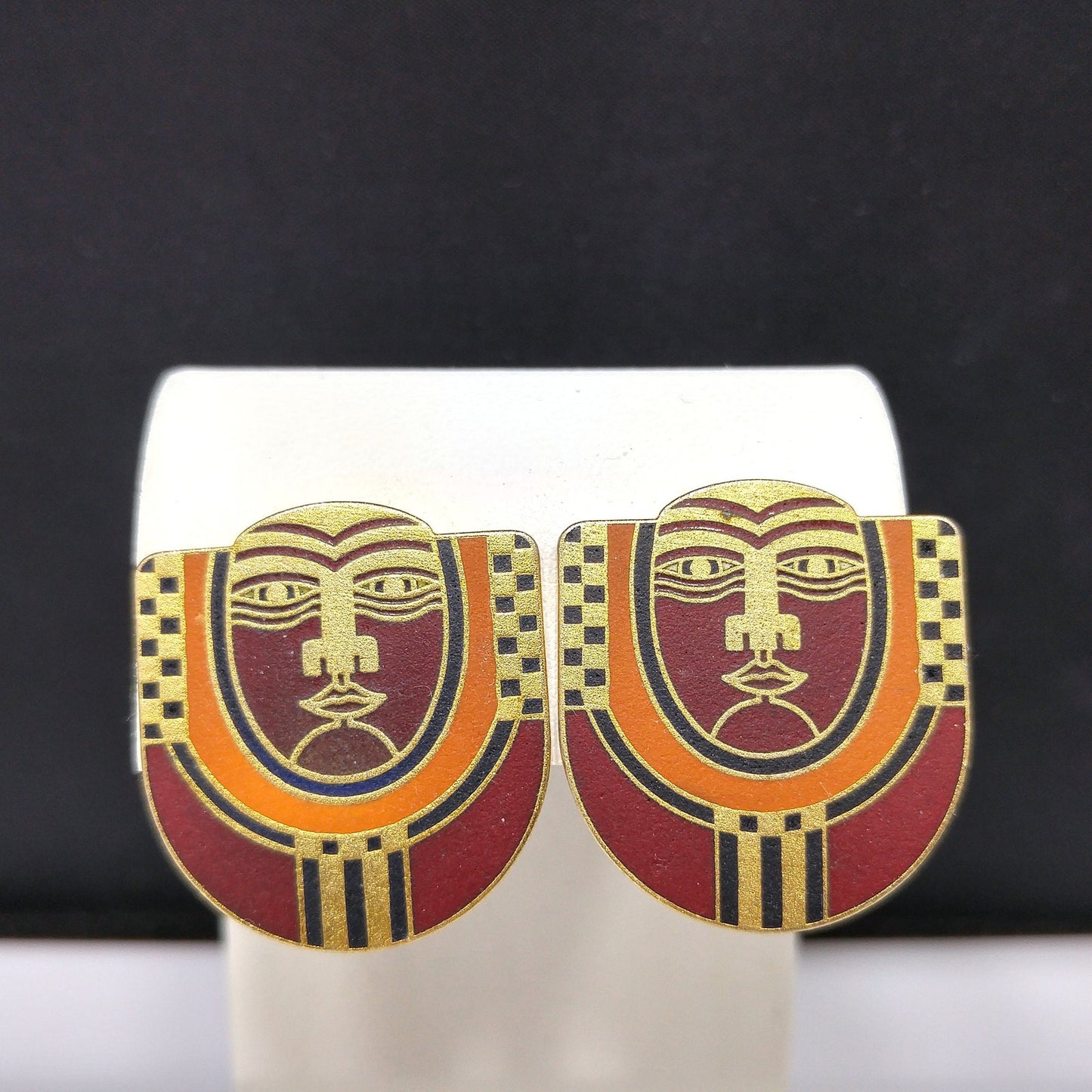 Laurel Burch "Maori" Tribal Mask Clip Earrings, Deep Red Enamel, 1980s Vintage Jewelry
