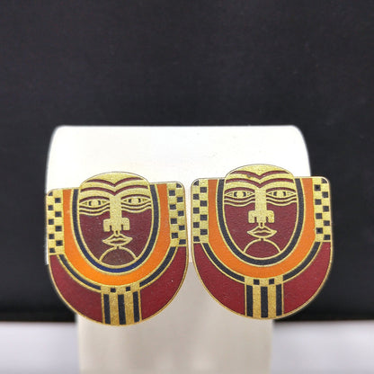 Laurel Burch "Maori" Tribal Mask Clip Earrings, Deep Red Enamel, 1980s Vintage Jewelry