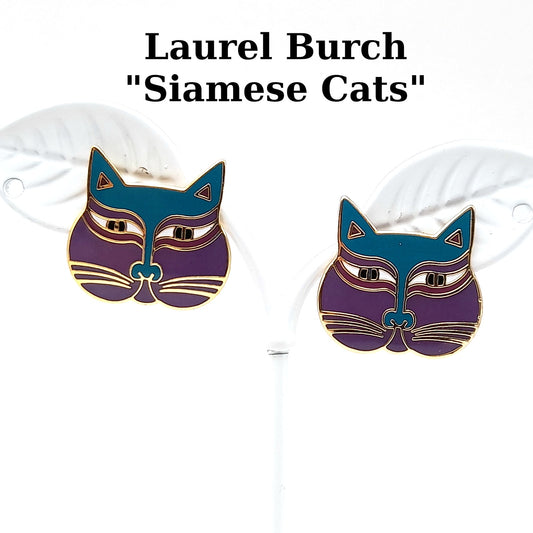 Vintage Laurel Burch Siamese Cats Purple Face Post Earrings