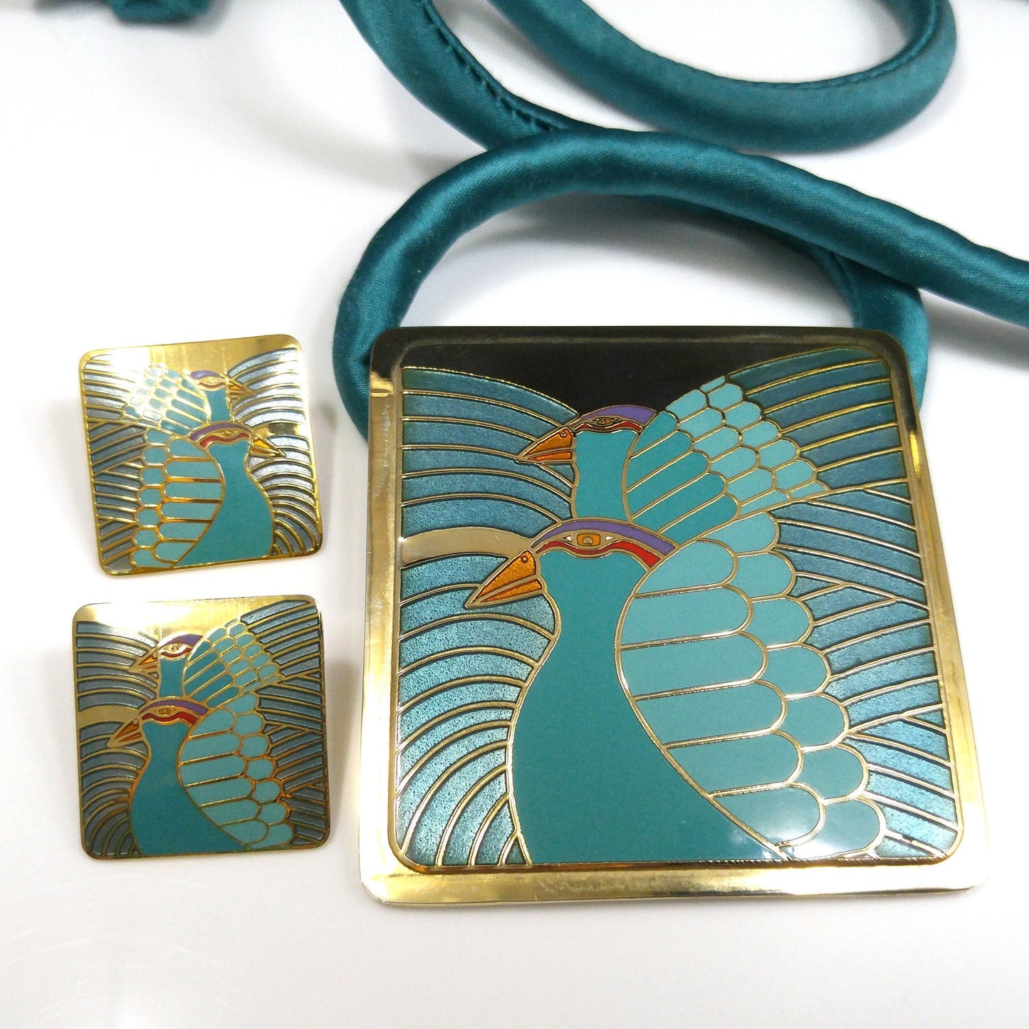 Laurel Burch "Moon Doves" Pendant Necklace & Earrings, Gold Plated, Cloisonné Enamel, 1980s Vintage Jewelry