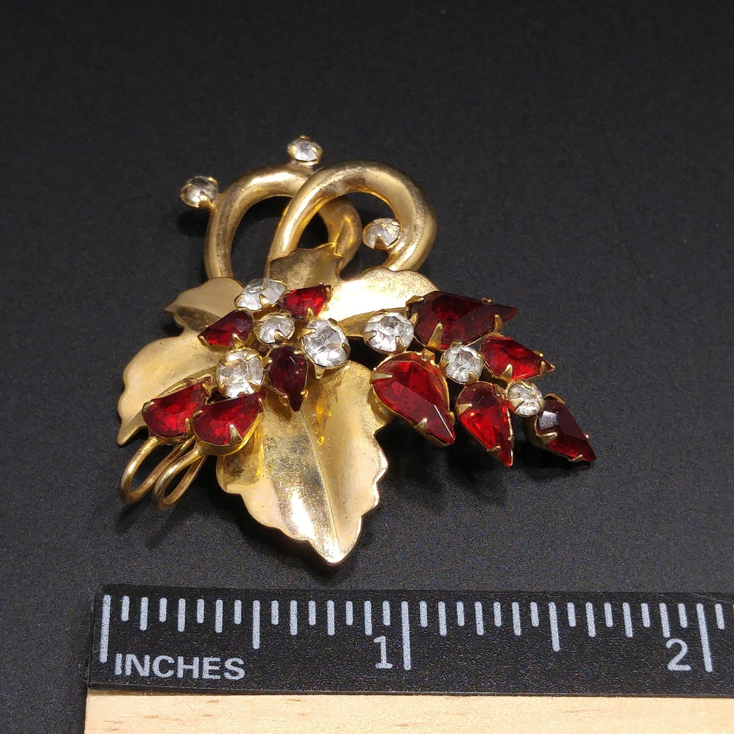 Vintage Scitarelli Red Rhinestone Floral Brooch Pendant 1950s Gold Plated Signed