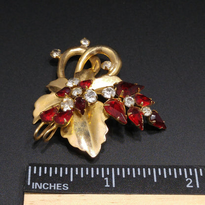 Vintage Scitarelli Red Rhinestone Floral Brooch Pendant 1950s Gold Plated Signed