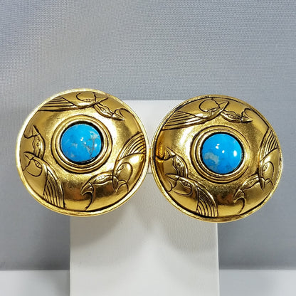Laurel Burch Turquoise & Gold Bird Earrings, Gemstone, Gold Plated, 1980s