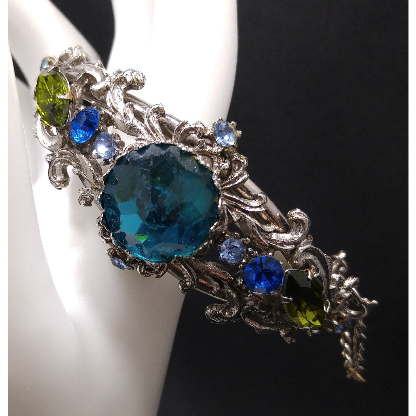 Teal Rivoli Rhinestone Hinged Bracelet, Safety Chain, Rhodium Plated, 1960s Vintage Jewelry