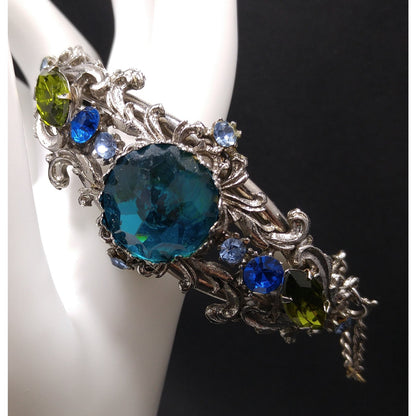 Teal Rivoli Rhinestone Hinged Bracelet, Safety Chain, Rhodium Plated, 1960s Vintage Jewelry