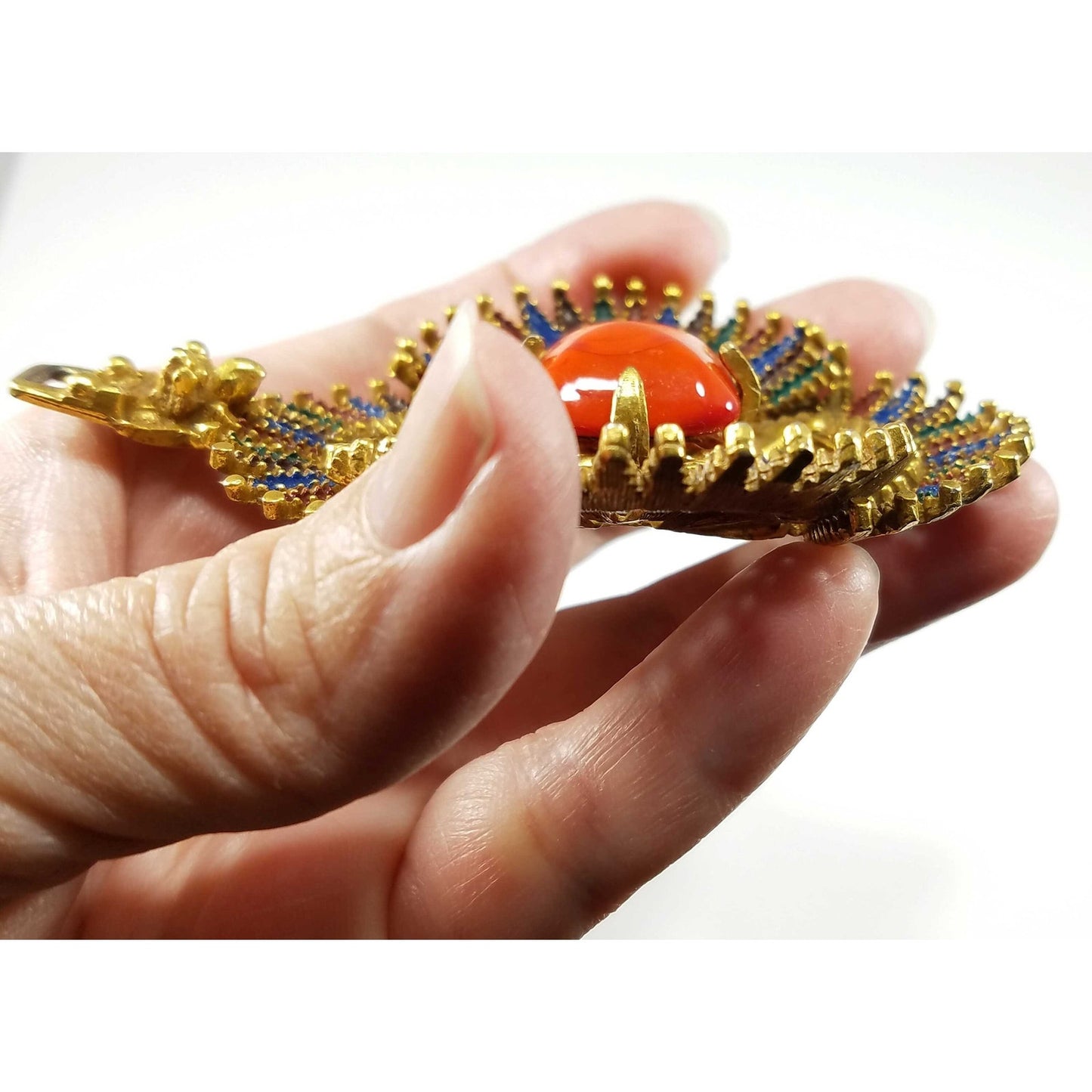 Vintage Castlecliff Pendant Orange Art Glass Gold Enamel Large Statement Jewelry