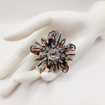 Vintage Rhodium Plated Blue Clear Rhinestone Floral Brooch – 2 1/4 Inches