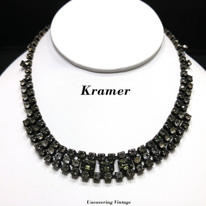 Kramer Black Diamond Rhinestone Choker Necklace, Dark Green Glass, 1950s Vintage Jewelry