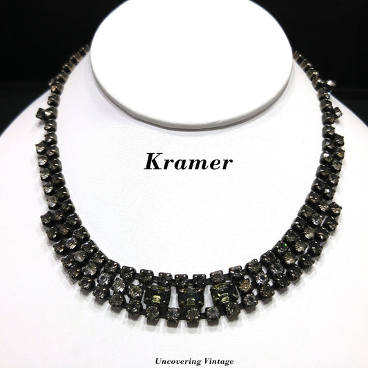 Kramer Black Diamond Rhinestone Choker Necklace, Dark Green Glass, 1950s Vintage Jewelry