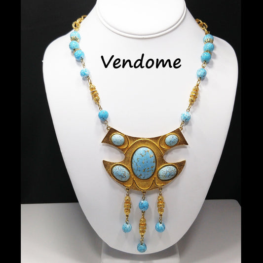 Vendome Pendant Necklace, Gold Plated, Faux Glass Turquoise, 1960s Vintage Jewelry
