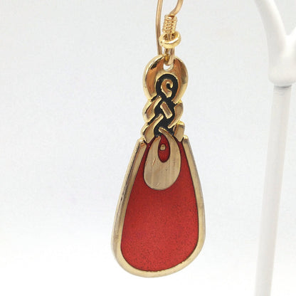 Vintage Laurel Burch Love Knot Earrings, Red Enamel, Gold Plated
