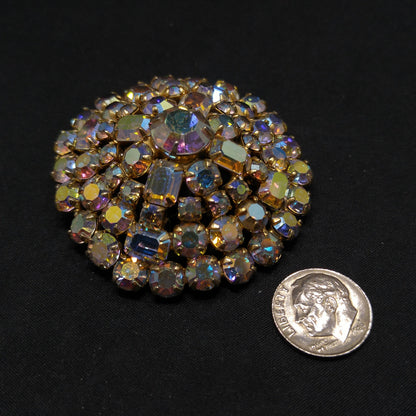 Aurora Borealis Clear Rhinestone Domed Brooch, 1960s Vintage Jewelry