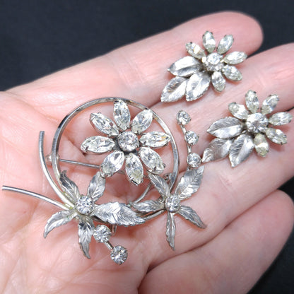 Krementz Silver Tone Clear Rhinestone Brooch, Rhodium Plated, Screw Back Earrings, 1940s