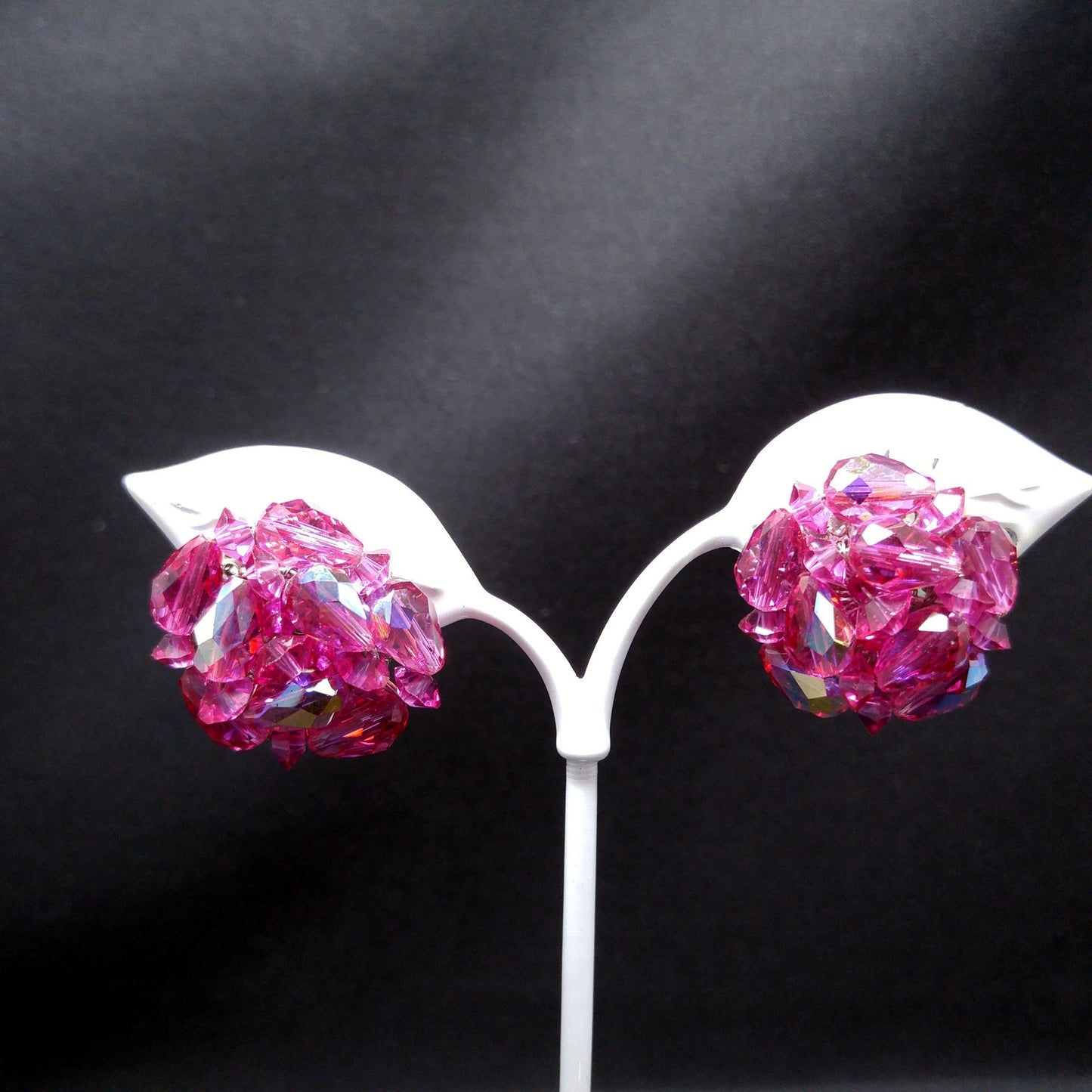 Vendome Hot Pink Crystal Necklace & Clip Earrings Set 1960s AB Teardrop Beads